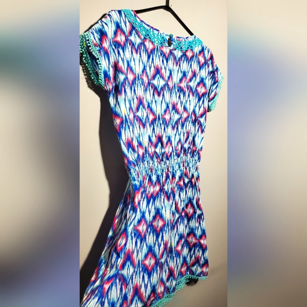 UK16 Pepe Jeans Pink and Blue Mini Sundress Short Dolman Sleeves Beaded Details